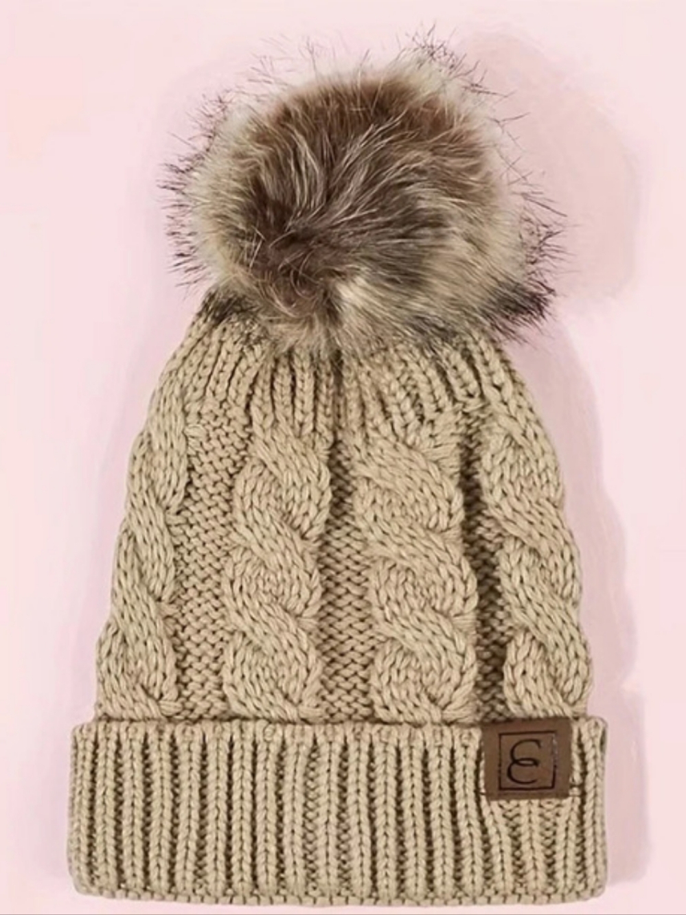 C.C Cable Knit Faux Fur Pom Beanie in Brown
